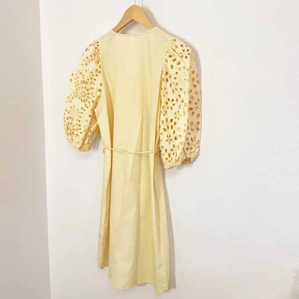 H&M NEW Yellow Eyelet Dress With Belt, Puff Sleeves New With Tags! size Small - Picture 6 of 6